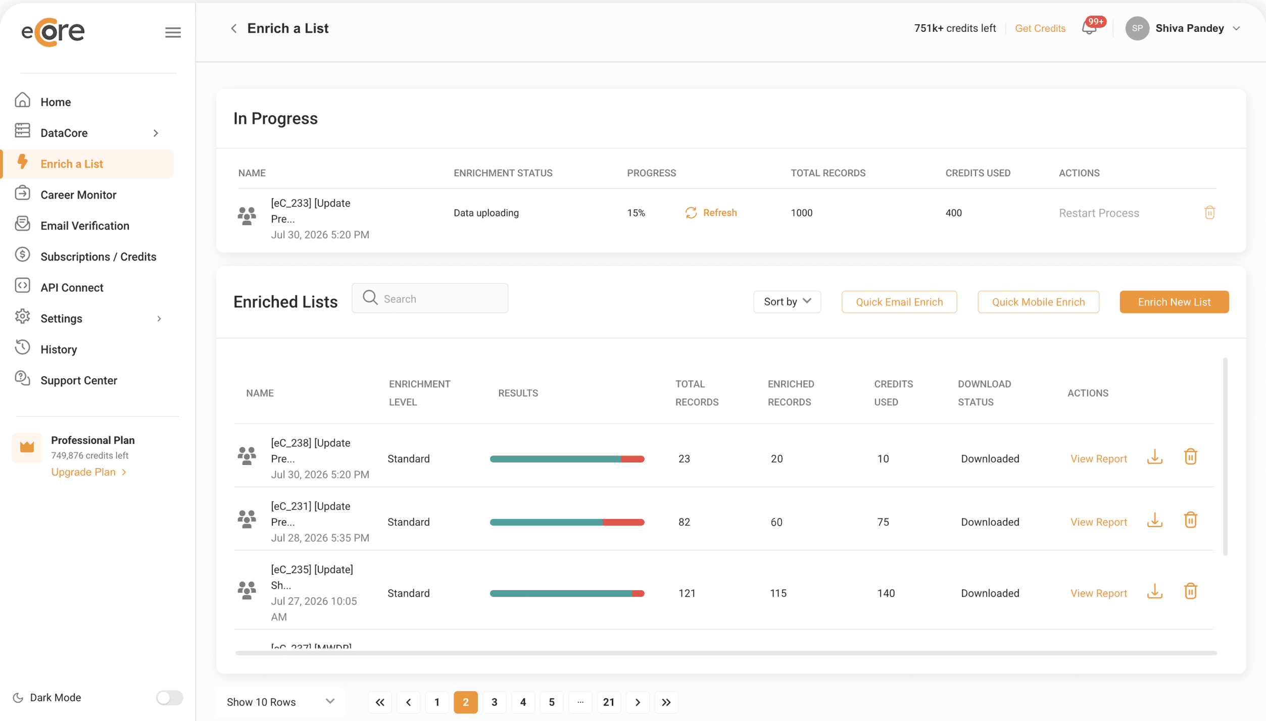 eCore — Enrich a List: an enrichment run in progress with completed lists and match results