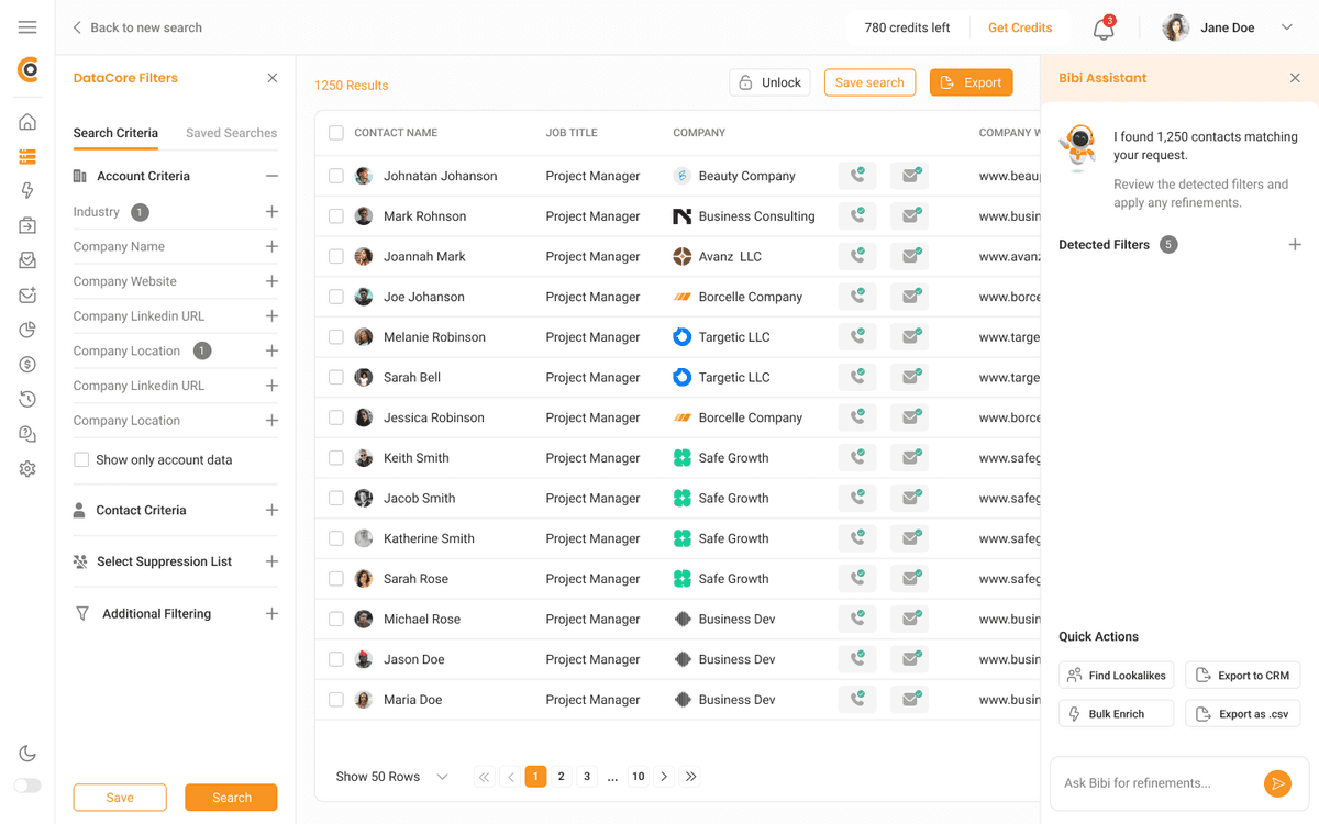 The DataCore contact search interface