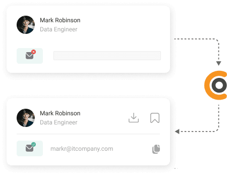 Two contact cards showing an email being found and verified for Mark Robinson, Data Engineer