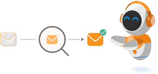 Envelope, magnifier, and verified envelope icons leading to Bibi